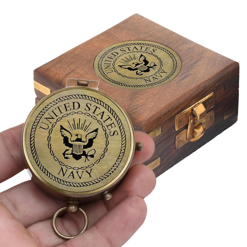 US Navy Military Gifts for Men Women - Personalized Retirement Compass for Son Mom Dad Family - Engraved United States Navy Gift (Navy with Wooden Box)