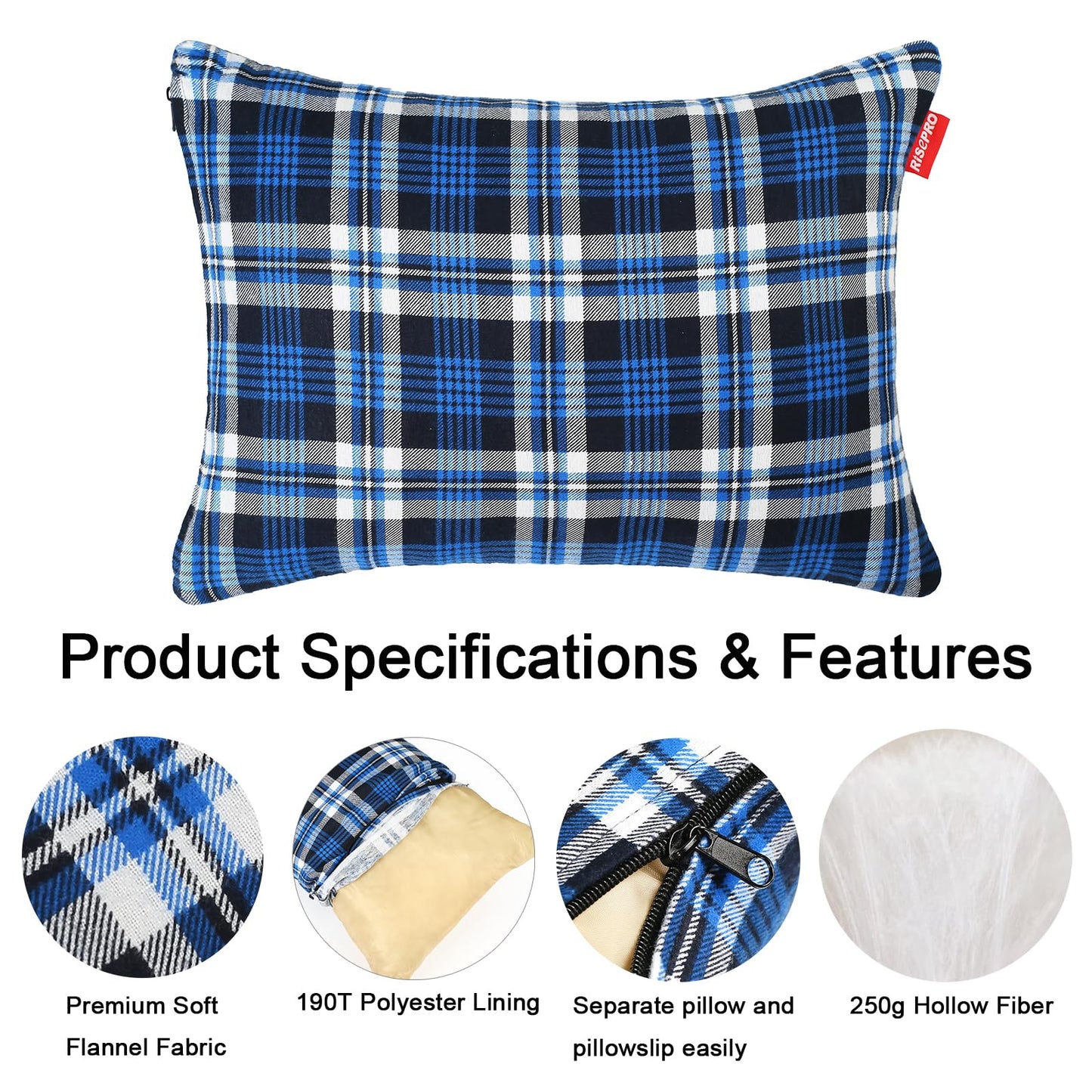 RISEPRO Outdoor Camping Pillow Lightweight, Compressible, Flannel Travel Pillow Cases, Washable Removable Pillow Cover Camping and Backpacking Blue