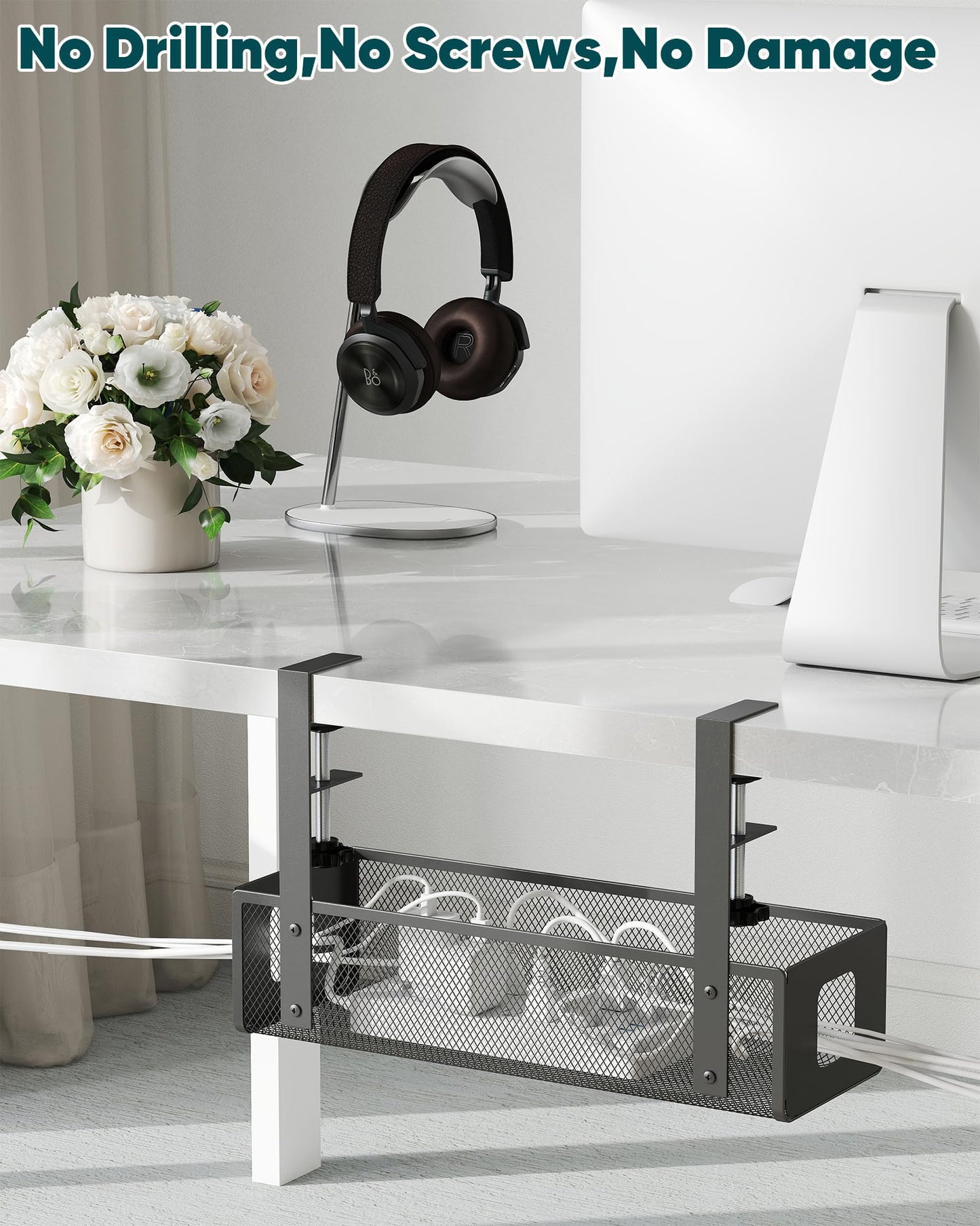 Yecaye Cable Management Under Desk Tray – No Drill Cord Management Under Desk with Dual-Direction F-Clamp, Mesh Design Wire Organizer Tray for Office and Home,Black