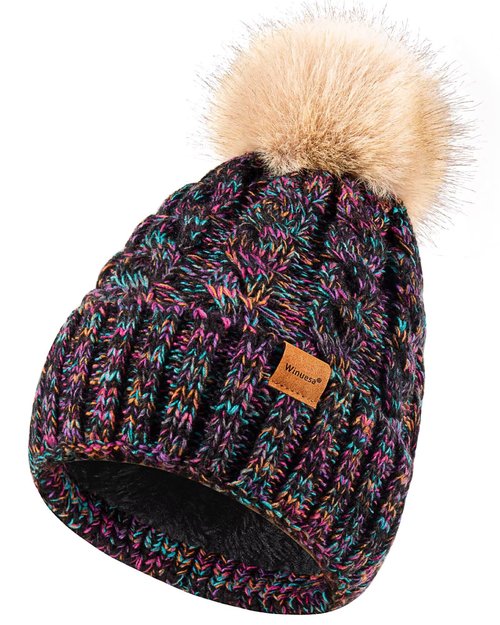 Winuesa Winter Hats for Women with Pom Pom, Womens Beanie Warm Fleece Lined for Cold Weather, Fashionable Multicolor Thick Cable Knit Ski Skull Cap for Ladies-01