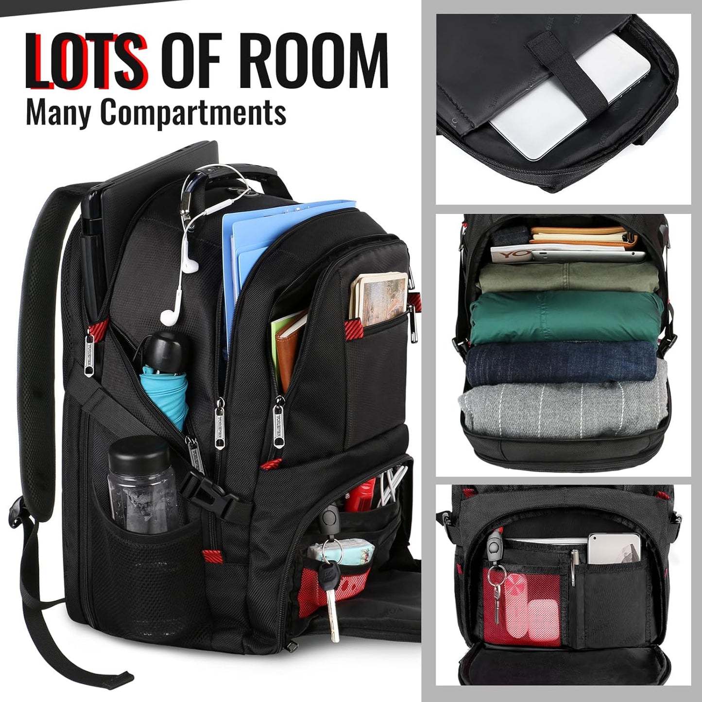 YOREPEK Large Backpack - Water Resistant Travel Bag for 17-Inch Laptops | Black Color, Airline Approved