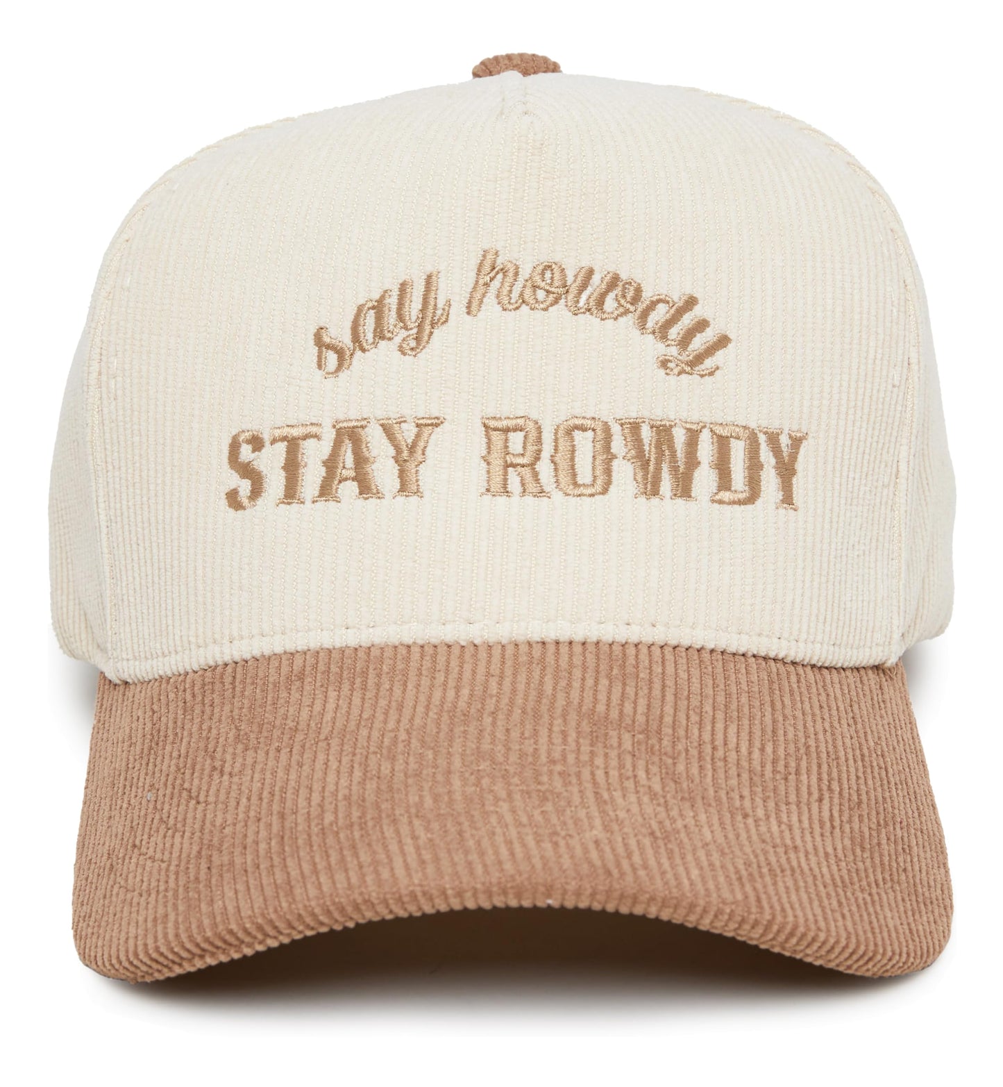 Funky Junque Howdy Hat Corduroy Trucker Hat Stay Rowdy Embroidered Unisex Snapback Cap - Say Howdy Stay Rowdy - Khaki/Beige