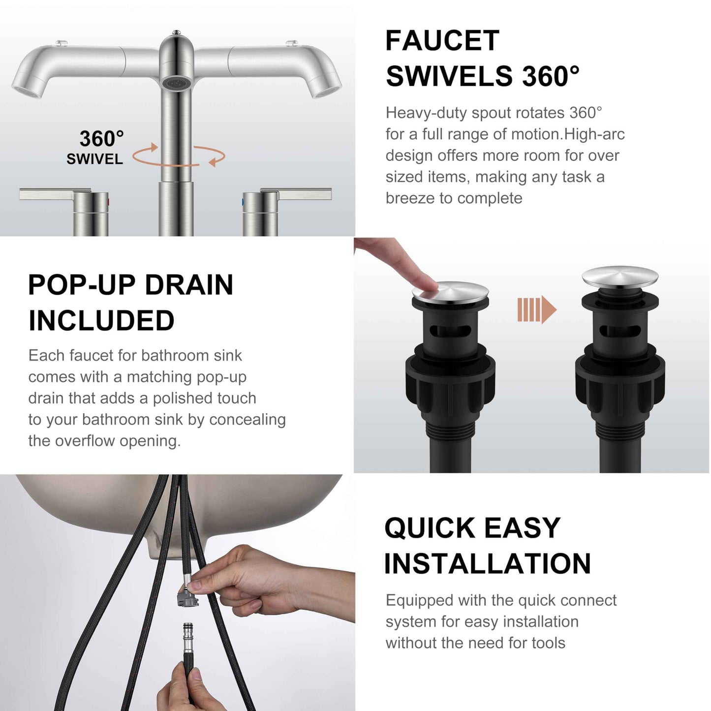 KENES Widespread Bathroom Faucet with Sprayer, Brushed Nickel Bathroom Sink Faucet with Pull Down Sprayer, 8 Inch 3 Hole Pull Out Bathroom Faucet with Pop Up Drain & Supply Lines LJ-9058A