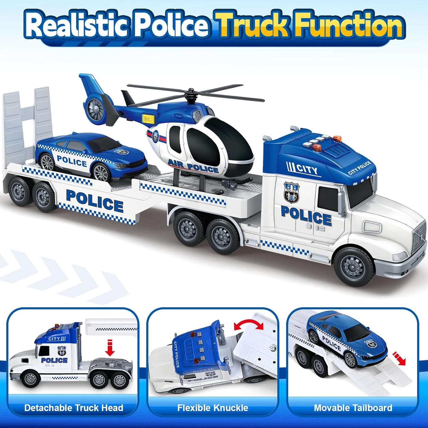 SpringFlower Police Truck Toy Set - Extra Large 3-in-1 with Racing Car & Helicopter | Perfect Birthday Gift for Boys & Girls Ages 3-6