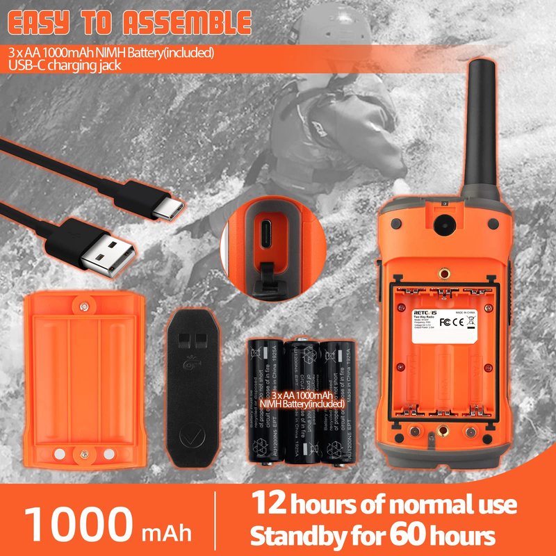 Retevis RT45P Waterproof Walkie Talkies IP67,Rechargeable Two Way Radio for Adults,22CH SOS NOAA,with 1000mAh Battery and USB-C Charger,Long Range 2 Way Radios for Skiing Fishing Boating 2 Pcs