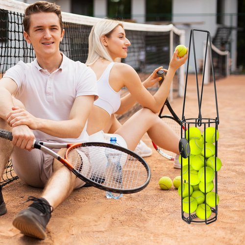 HolyMaji Cylindrical Tennis Ball Hopper Collector Pickleball Balls Retriever Basket Tennis Ball Picker Upper for Easy Picking and Storage Metal Container Holds 24 Tennis Balls Training Caddy (Black)
