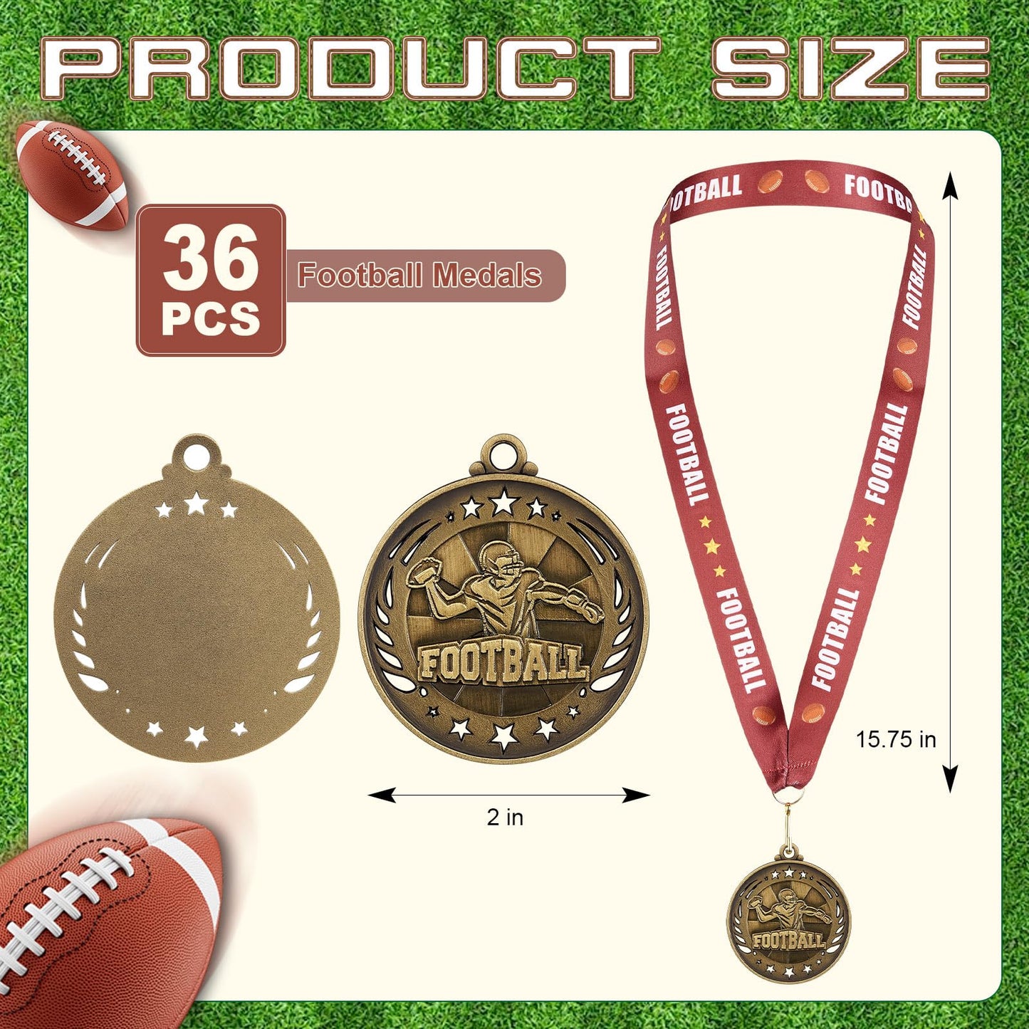 Liliaafar 36 Pack 12/36 Pack Gold Medals 2" Football Soccer Baseball Golf Basketball Metal Medals Bulk Metal Award Trophies for Adults Team Sports Event Prizes Gifts (Football)