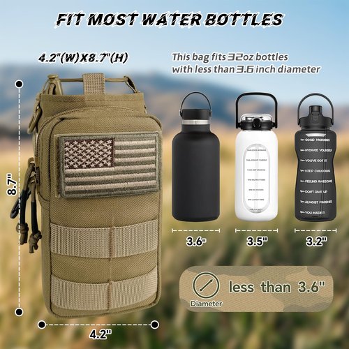 Water Bottle Sleeve with Strap - Insulated Water Bottle Holder with MOLLE System for Backpack Tactical Khaki Crossbody Pouch for Walking Hiking Fishing Camping Gym 32oz&24oz