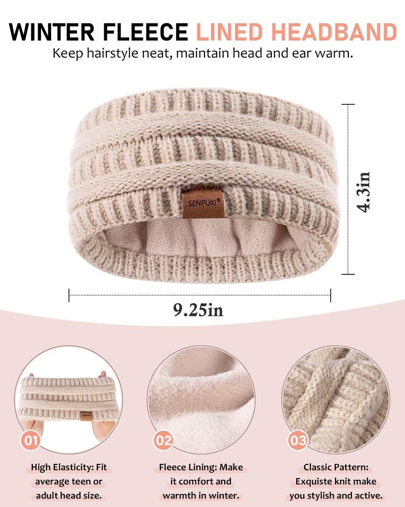 Womens Winter Beanie Hat Scarf Gloves Headband Set, Slouchy Beanie Ear Warmer with Fleece Lined Thick Knit Neck Scarf Touchscreen Gloves, 4 Piece Fashionable Warm Gift Set for Cold Weather(Navy)