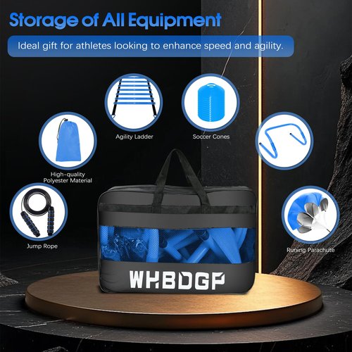 Agility Ladder,Speed Training Equipment Set,20ft Agility Ladder,12 Soccer Cones,4 Hurdles,Jump Rope,Running Resistance,Basketball Soccer Training Equipment with Carrying Bag for Kids Youth Adults-Blue