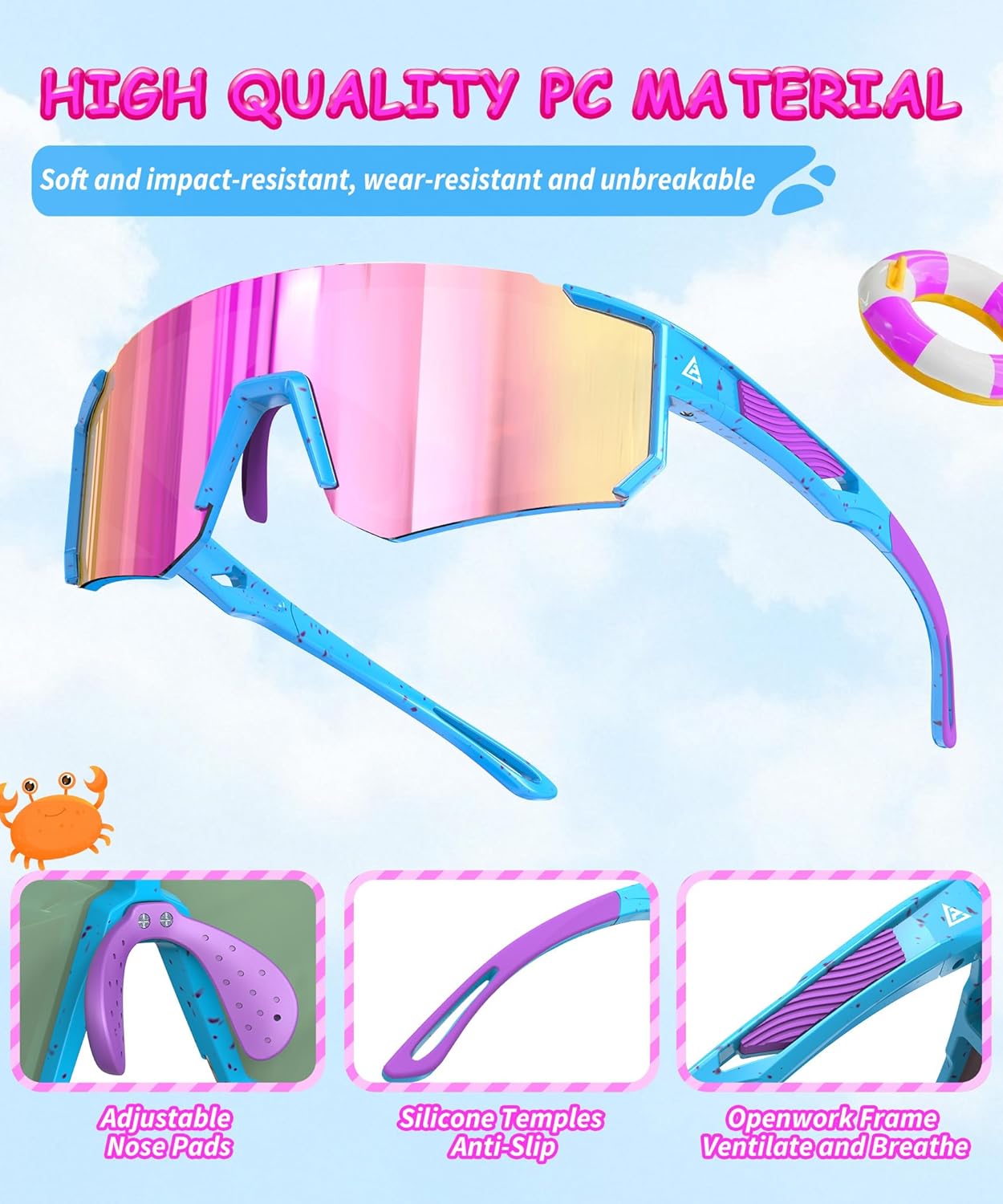 Skiennix Kids Sunglasses - UV Protection for Ages 4-14 | 3-Pack Youth Baseball & Softball Shades