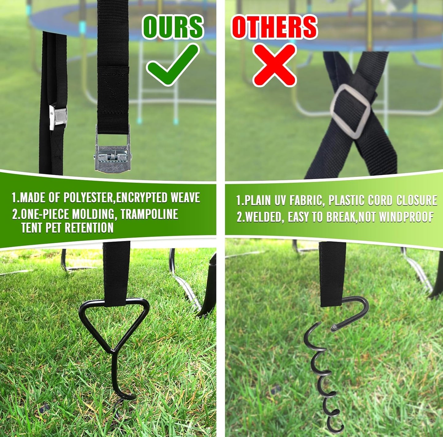 Trampoline Tie Down Anchor Kit by [Brand Name] - Heavy Duty Steel Stakes for High Wind | Set of 4
