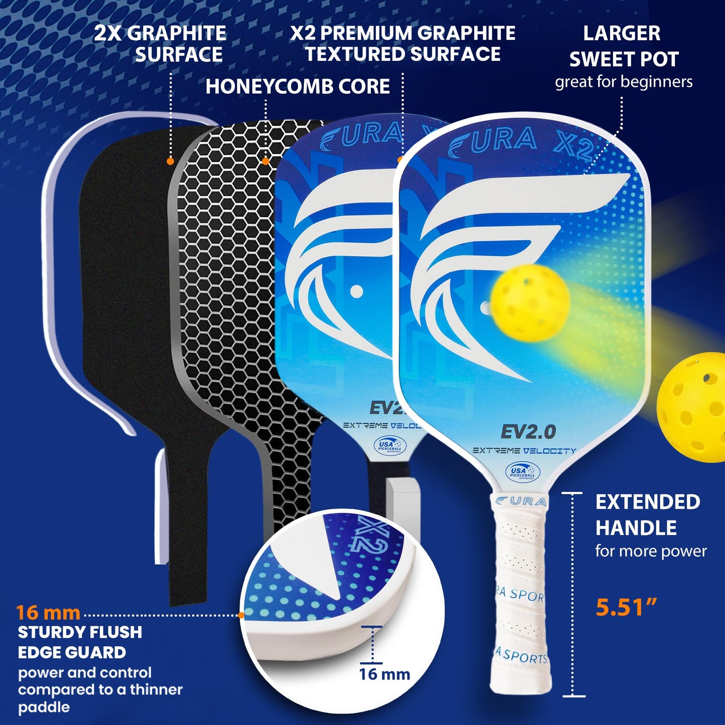 FURA Pickleball Paddle Set of 2 – USAPA Approved Lightweight Graphite Pickleball Rackets with 16mm Honeycomb Core & MaxGrit Spin Surface for Superior Spin & Control – Includes Bag, Balls & Grips