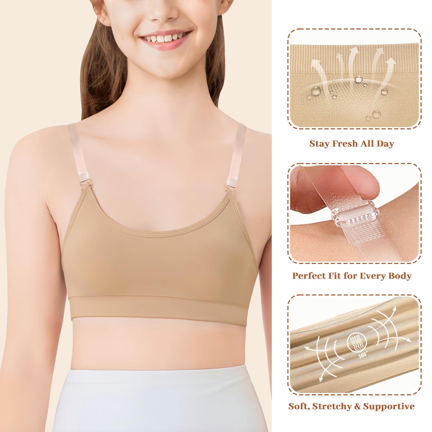 WYHDY Seamless Dance Bra for Teen Girls, Nude Training Bra with 2 Pairs of Clear Straps, Removable Silicone Pads(SM8E-18-1-L)