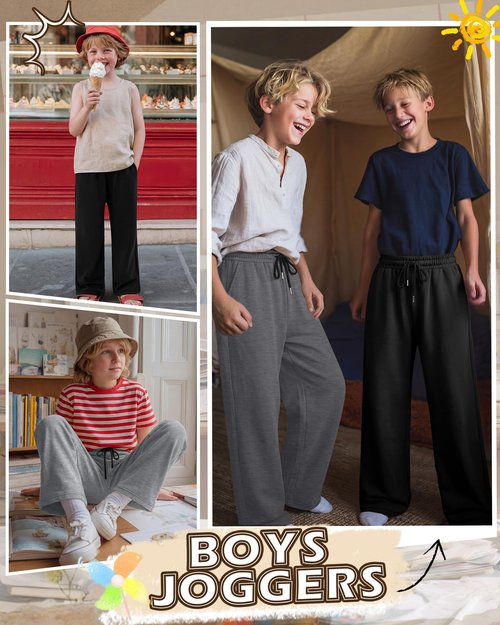 LessonZoo 3 Pcs Boys Sweatpants Wide Leg Open Bottom Drawstring Elastic High Waist Joggers Baggy Athletic Pants with Pockets(Black, Light Mixed Gray, Gray,13-14 Years)