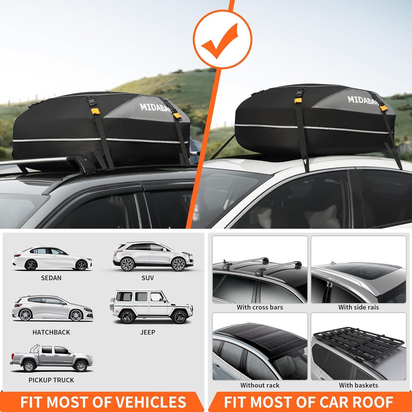 MIDABAO Waterproof Car Roof Top Carrier - 12 Cubic Feet Cargo Bag with Anti-Slip Mat | Durable Zippers