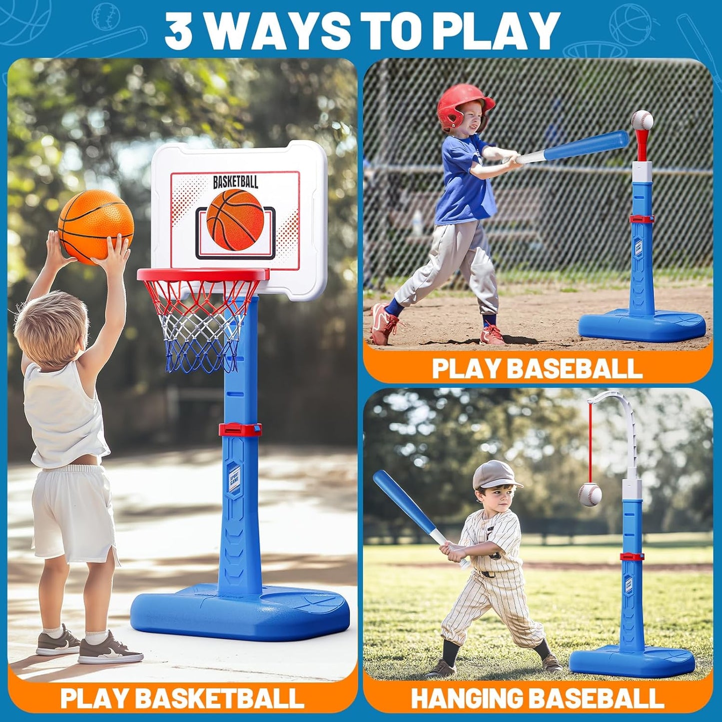 Skiennix 3 in 1 Kids Basketball Hoop & T-Ball Set - Adjustable Height Sports Toys for Ages 3-5 | Blue