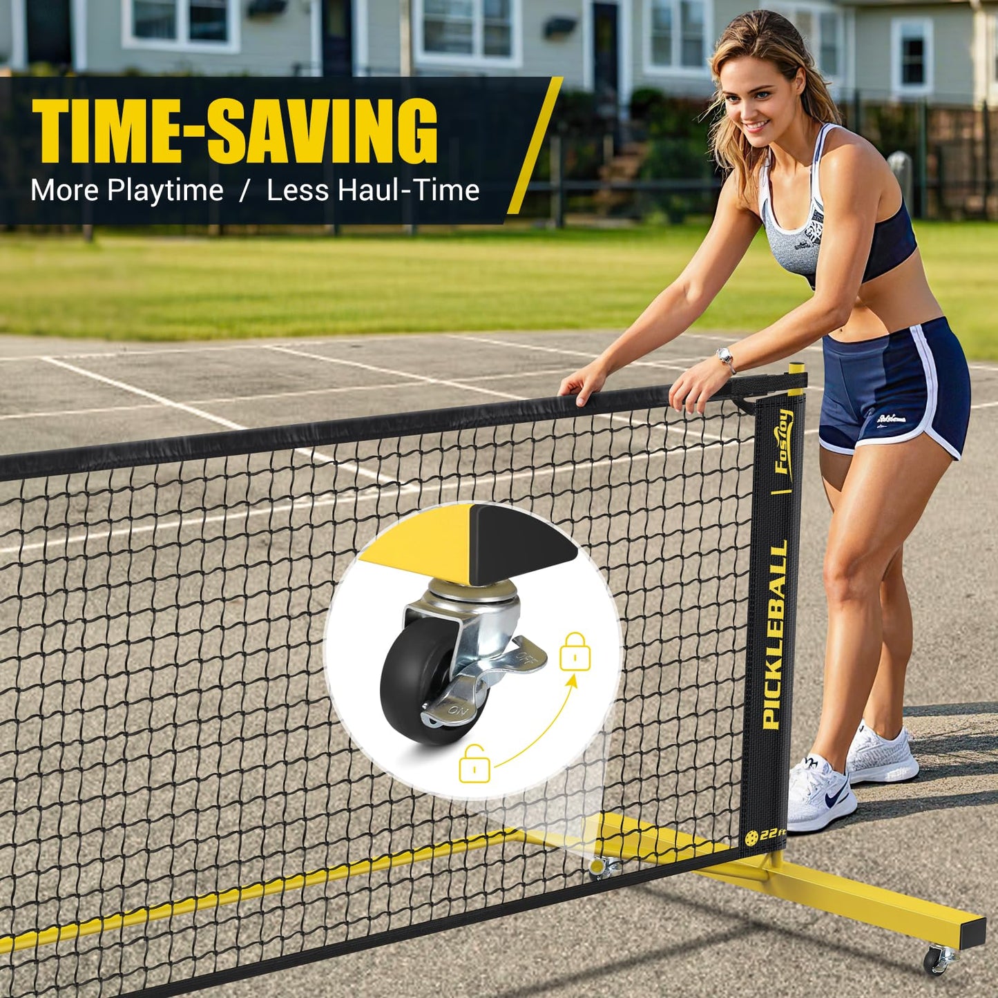 Pickleball Set Net with Wheels, Portable 3in1 Pickle Ball Net with Carry Bag- 3 Size Options, Designed for All Weather Conditions, Steady Metal Frame & Take Down for Practice & Games (Black&Yellow)