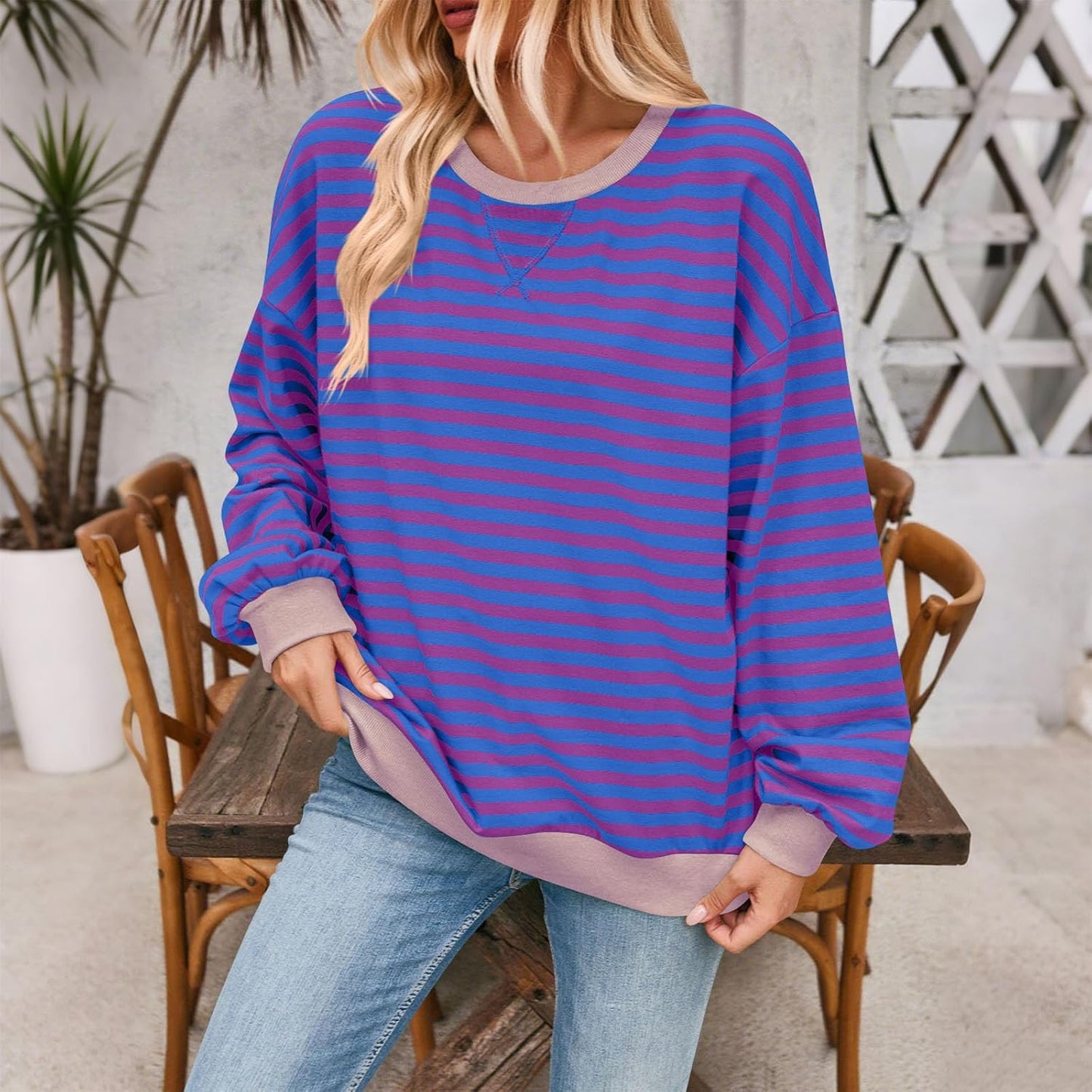 Skiennix Women's Crewneck Long Sleeve Sweatshirt - Casual Striped Pullover | Plus Size Color Block Streetwear