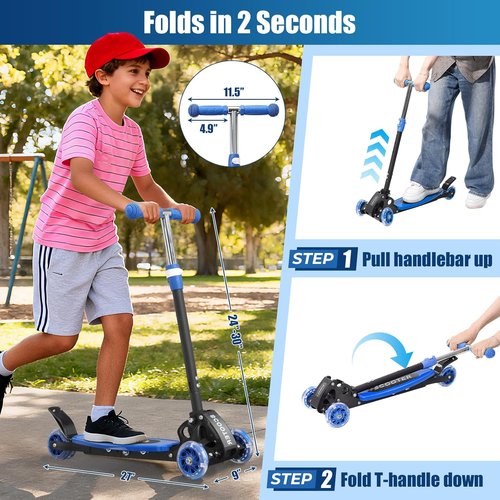 Foldable Kids Scooter - Lean-to-Steer Technology & LED Light-Up Wheels | Adjustable Handlebar for Ages 3-7
