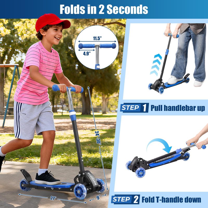 Foldable Kids Scooter with Lean-to-Steer Technology, LED Light-Up Wheels, and Quick-Adjust Handlebar – Ideal Outdoor Gift for Ages 3/4/5/6/7