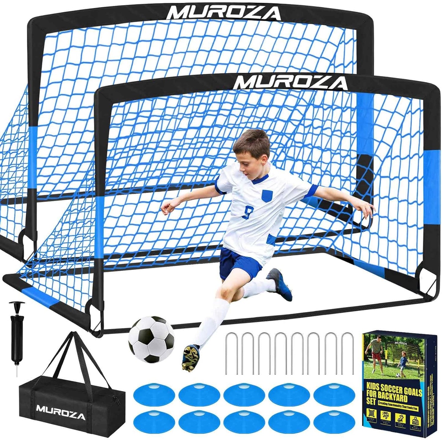 Soccer Goal | Skiennix Kids Soccer Goals Set - 2 Pack Portable Pop-Up Nets with Ball & Cones for Youth Training