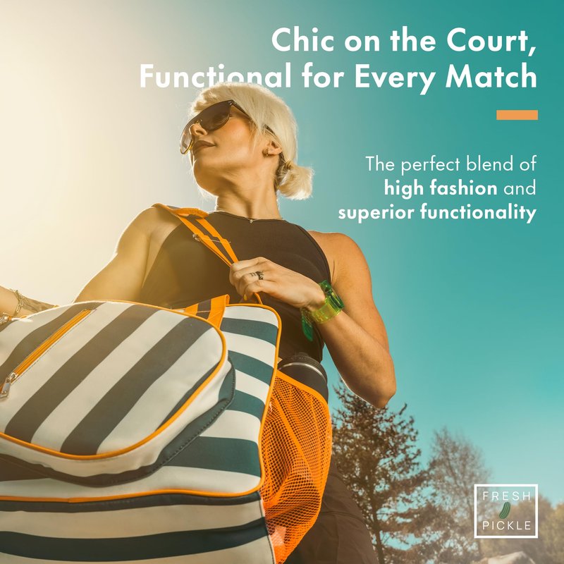Fresh Pickle Lola Pickleball Tote Bag for Women - Designer Pickleball Bag with Paddle Storage, Zip Pockets & Shoulder Strap, Chic, Durable, Water-Resistant Pickle Ball Bags, Navy/Stripe