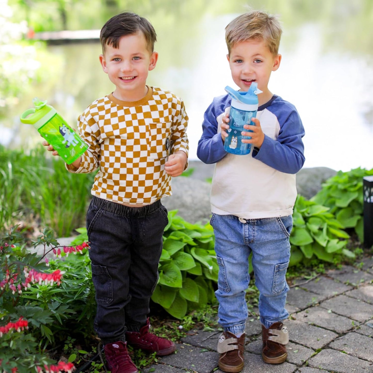 Zak Designs Bluey Kids Water Bottle - Durable 16oz Plastic with Straw & Leak-Proof Design | 2-Pack (Bluey, Bingo)