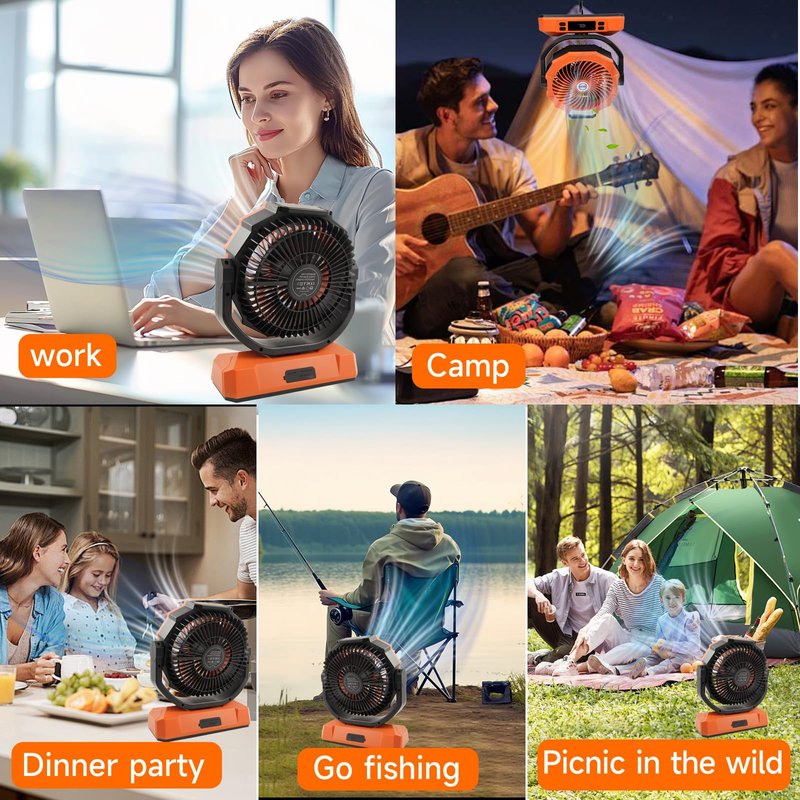 Sireck Camping Fan Rechargeable Portable Fan 12-Inch, 40000mAh Battery Powered Fan with LED Light, Digital Display, Timer, 6 Wind Speeds Cordless USB Desk Fan for Tent, Travel (Orange)