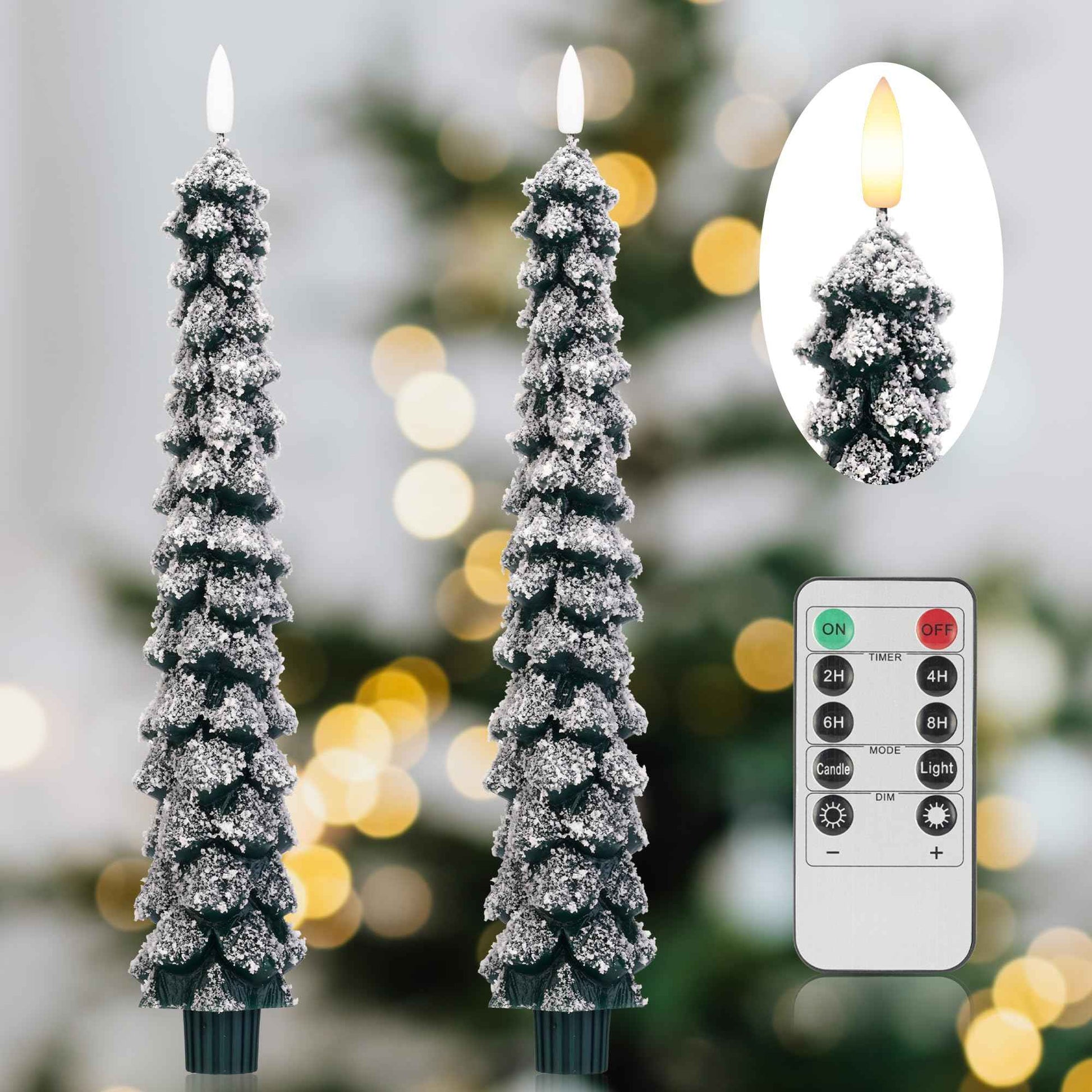 AFINETH Christmas Tree Candles With 3D Wick, 11.4" Green Real Wax Flameless Taper With Remote, Flickering LED Xmas Candlesticks Battery Operated for Home, Party Decor, 2 Pack