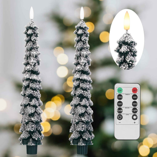 AFINETH Christmas Tree Candles With 3D Wick, 11.4" Green Real Wax Flameless Taper With Remote, Flickering LED Xmas Candlesticks Battery Operated for Home, Party Decor, 2 Pack
