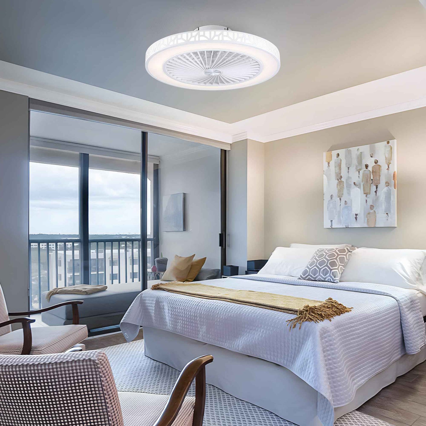 YKLITG Bladeless Ceiling Fan with Lights and Remote, 19 Inch LED Low Profile Fandelier Ceiling Fans with Metal Frame, White Flush Mount Light Fixtures for Kids Bedroom, Kitchen, Living Room