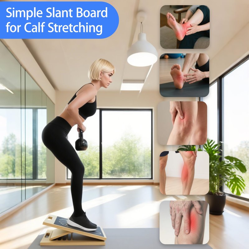 Rwotlls Slant Board for Calf Stretching, 15°/20°/25°/30°/35°/40° Portable Wooden Incline Board, Calf Stretcher & Squat Wedge for Physical Therapy, Knees, Feet, Leg, Ankle, Heel, with Footprint Markings and Training Poster