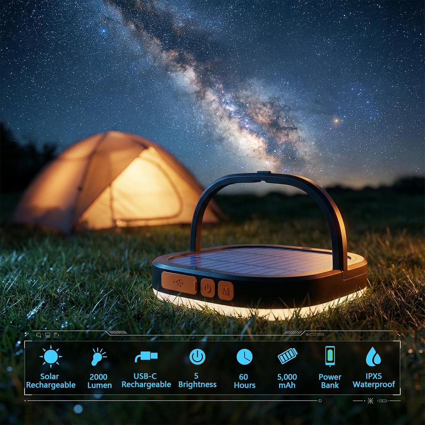 Skiennix LED Camping Lantern - 2000 Lumens, 5000mAh Rechargeable, IP65 Waterproof | Perfect for Emergencies & Outdoor Adventures