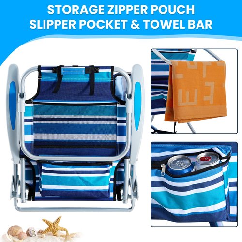 Canpsky Portable Beach Chair for Adults, Outdoor Camping Chair Lay Flat Folding Backpack Beach Reclining Chair with 5 Positions, Headrest, Cup Holder, Heavy Blue Striped