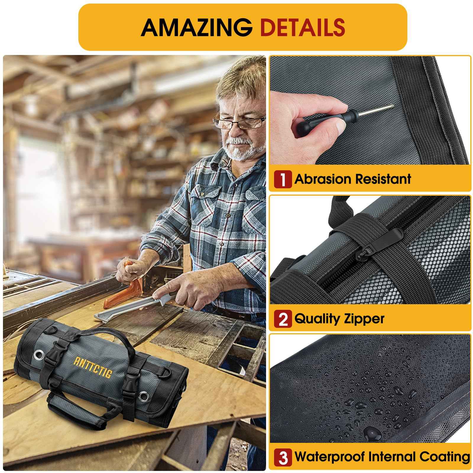 Tool Bags, Heavy Duty Tool Roll Up Bag for Men, Father’s Day Gift for Dad Husband Him, 6-in-1 Detachable Tool Roll Bag with 3 Tool Pouch+1 Wrench Roll+2 Pockets, Compact Tool Box Organizer(Grey)