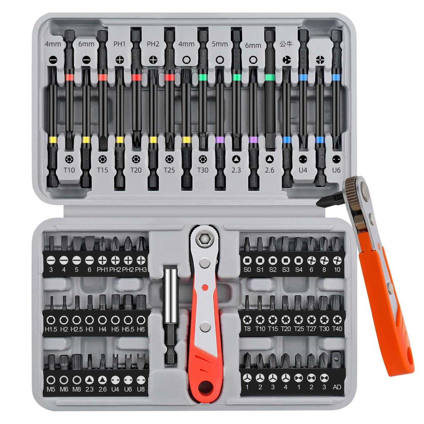 Hi-Spec 68pc Long Extended Screw Driver Bits and Mini Ratchet Wrench Handle Set. DIY Accessories Kit of 25 and 75mm Hex Shank Screwdriving Bits for Drill Drivers