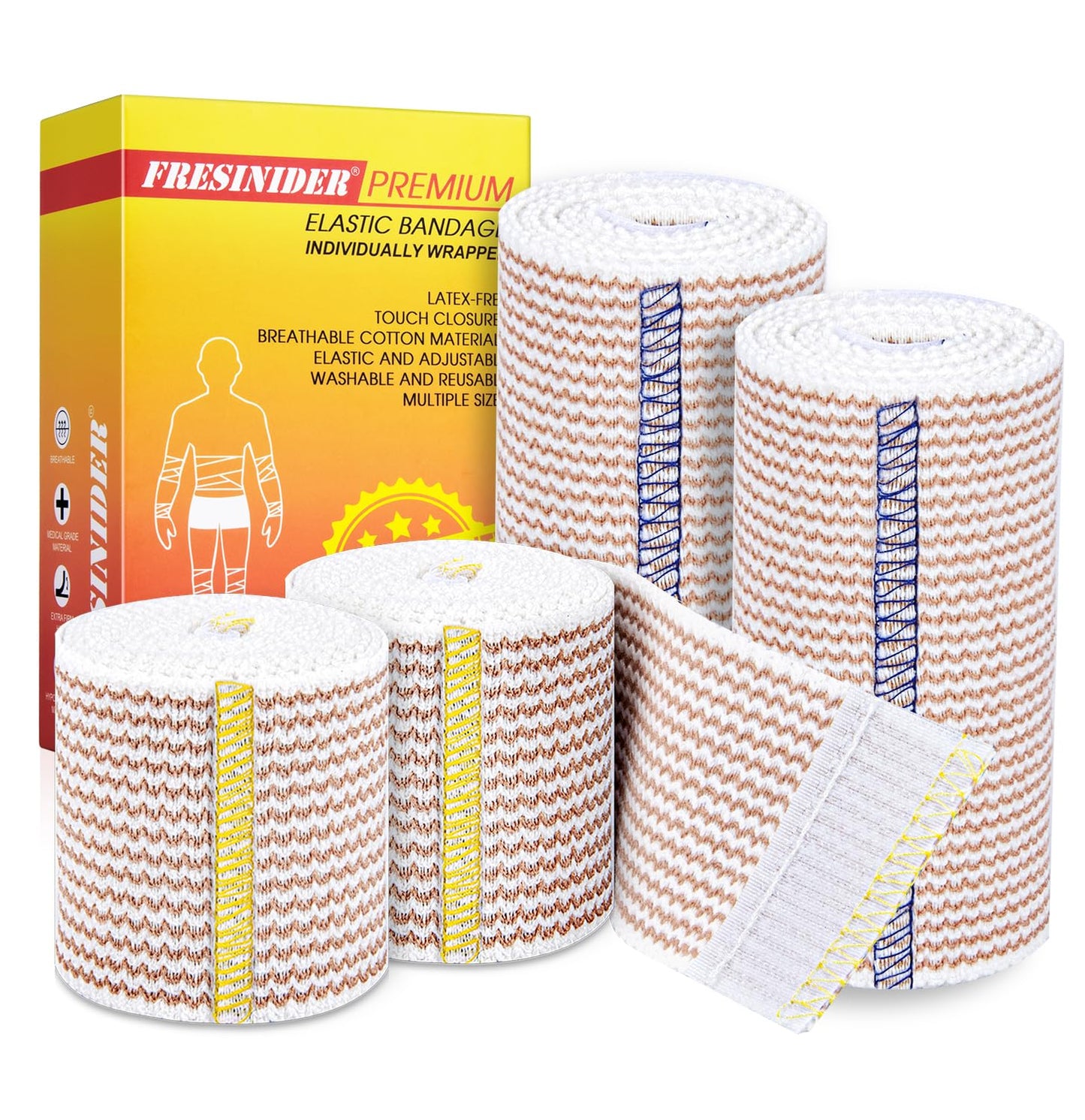 FRESINIDER Elastic Bandage Wrap, 4" x 2 Pack + 2" x 2 Pack – Latex Free Cotton Compression Bandage with Hook & Loop Closure at Both Ends, Reusable Wrap for Sports, Medical, and Injury Recovery