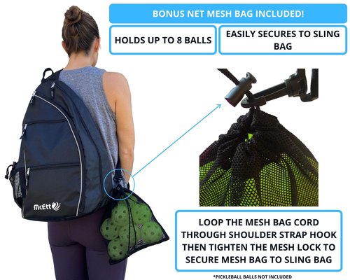 McEtt Pickleball Sling Bag & Mesh Ball Bag – Adjustable Crossbody Backpack for Women Men – Holds Pickleballs, Paddles, Water Bottle, Gear