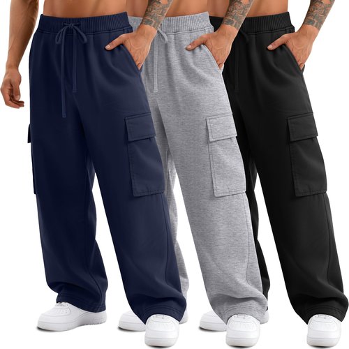 August Alley 3 Pack Big and Tall Men's Cargo Sweatpants Open Bottom Drawstring Elastic Waist Pants with Pockets Casual Hiking(Navy Blue, Light Gray, Black,4X-Large)