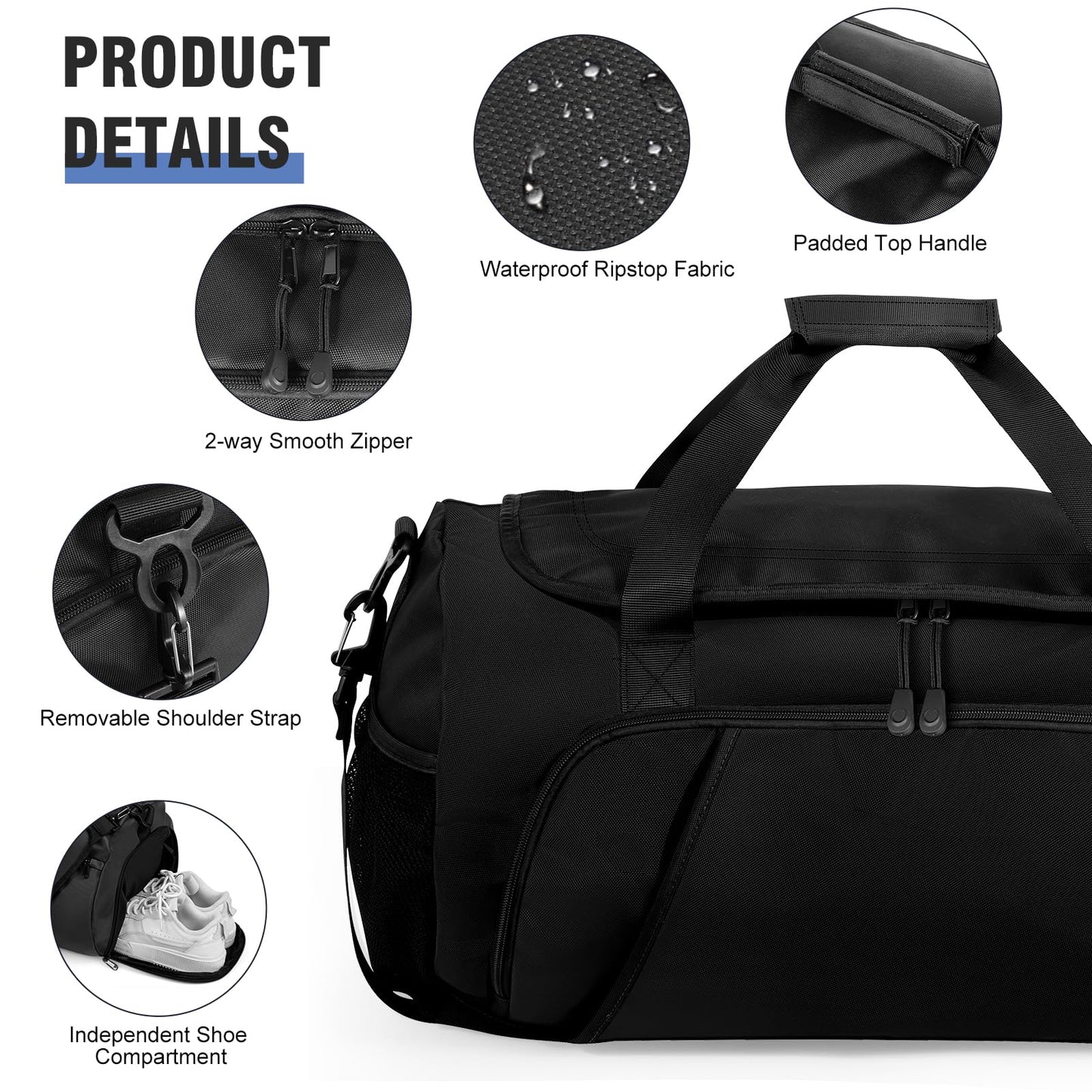 FINYIOE Gym Bag for Men Women With Shoe Compartment & Wet PocketWater Resistant Sports Gym Bag 、shoulder bag、messenger bag Carry On Duffel Bag forWeekend Overnight Traveling (black)
