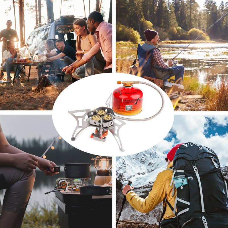 RIDEIWAKE 6800W Camping Stove with Fuel Canister Adapter, Portable Backpacking Gas Stove with Piezo Ignition, 1LB Propane Tank, Butane Adapter for Outdoor Cooking, Picnic, Camping and Hiking