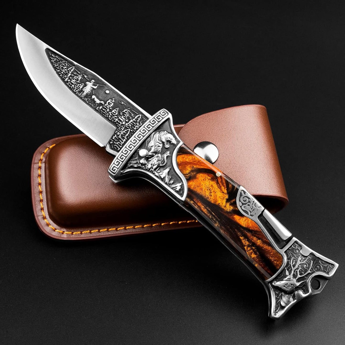 NedFoss TIGER ROAR Pocket Knife - Unique 3.5-Inch Engraved Folding Knife with Holster | Perfect Gift for Men