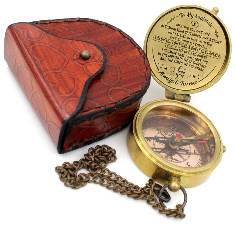 5MoonSun5's Brass Compass to My Soulmate Thank You for Being a Great Life Partner Engraved Valentine Anniversary Birthday Gift with Leather Case