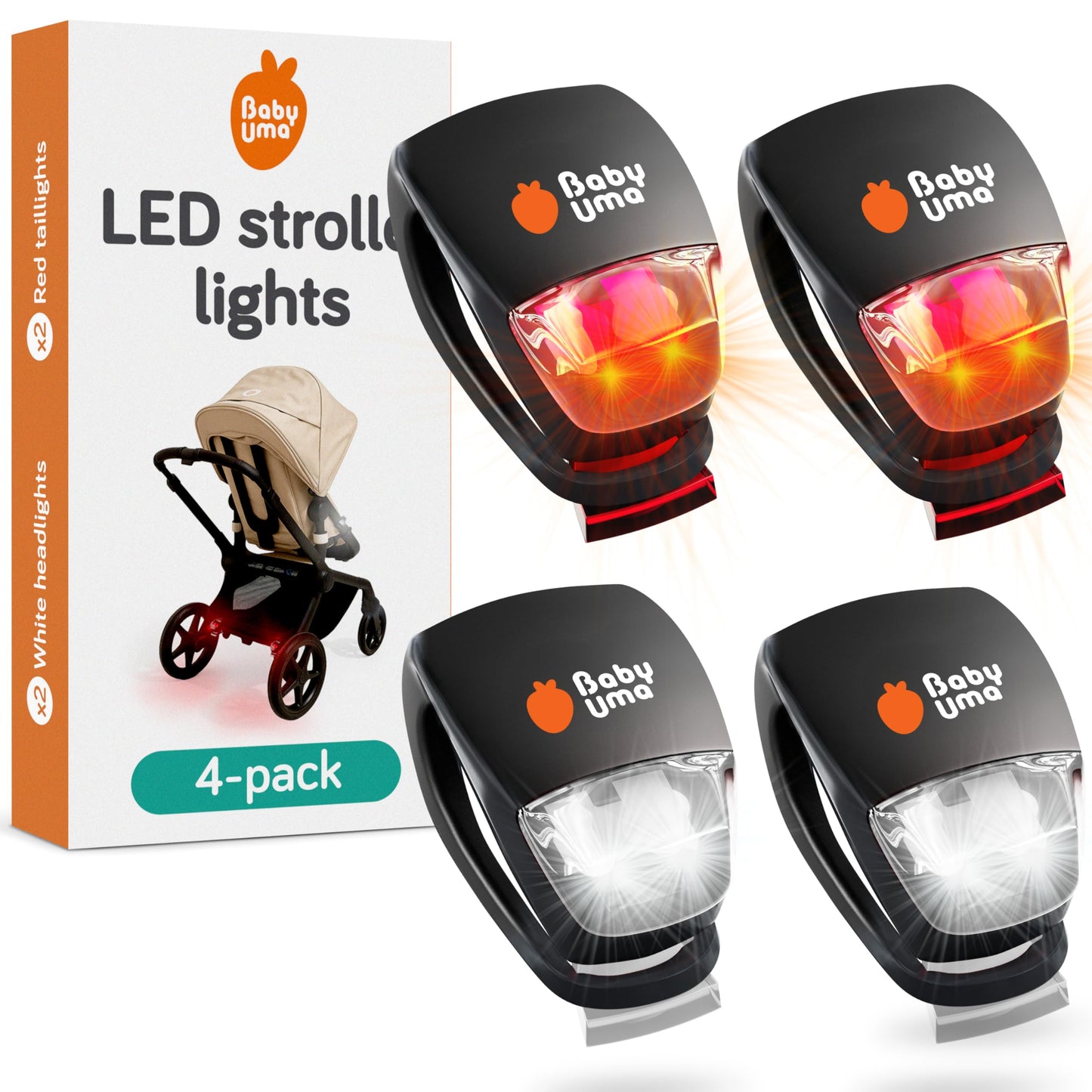 Baby Uma LED Stroller Lights (4-Pack) - Universal with 3 Light Modes (Constant/Pulse/Strobe), Buggy & Bike Lights Front and Back (2 White Headlights & 2 Red Taillights), Clip-On Bike Light