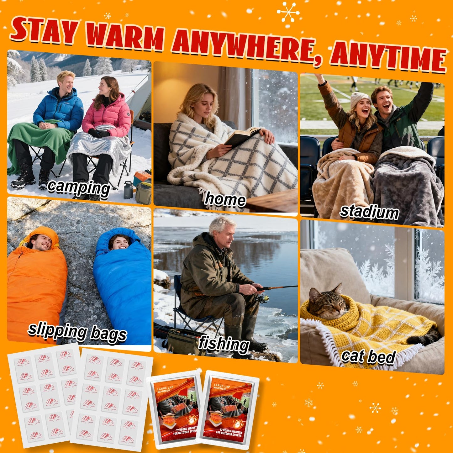 16" x 12" Extra Large Lap Warmers, Up to 12 Hours of Long Lasting Heat, Disposable Body Warmers for Football Games, Camping, Cold Weather and Temporary Emergency, Single Use, Air Activated – 6 Pack