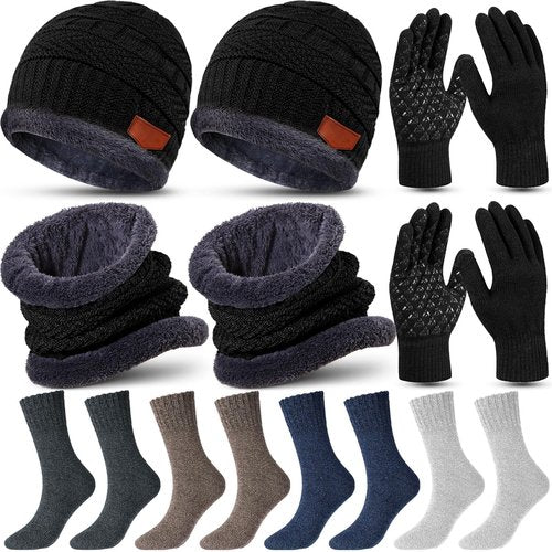 Handepo 10 Pieces Winter Hat Beanie Scarf Touch Screen Gloves and Sock Set Slouchy Knit Cap Beanies Fleece Lining Neck Warmer(Classic Style,Dark Color)