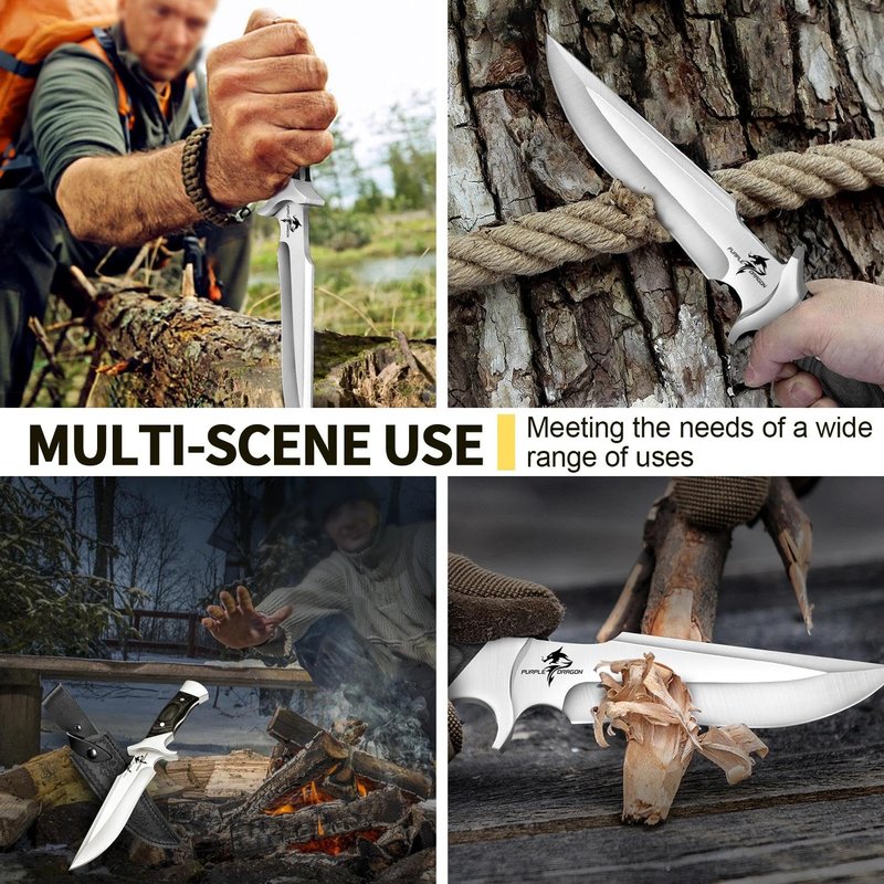Purple Dragon Camping Fixed Blade Knife with Sheath,6 Inch Outdoor Knife Full Tang 440C Steel Bushcraft Knives with Redwood Handle-Outdoor Gear Christmas Gift for Men and Women Black