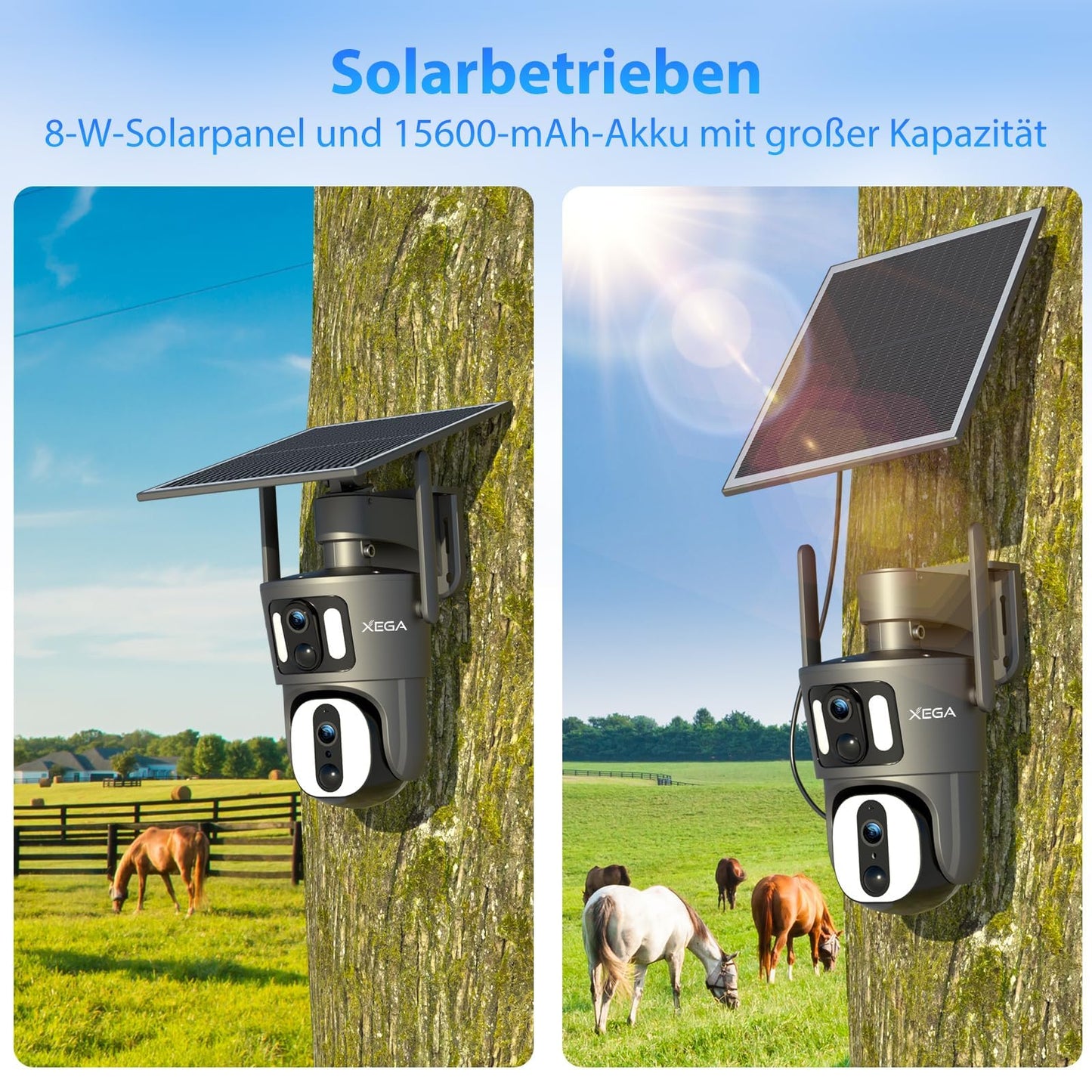 Xega 4G LTE Security Camera【Dual Lens】 No Wi-Fi Solar Cellular Security Camera Wireless Outdoor Built-in SIM Card 1080P 360° View PIR Detection Color Night Vision Two-Way Audio IP66 Waterproof