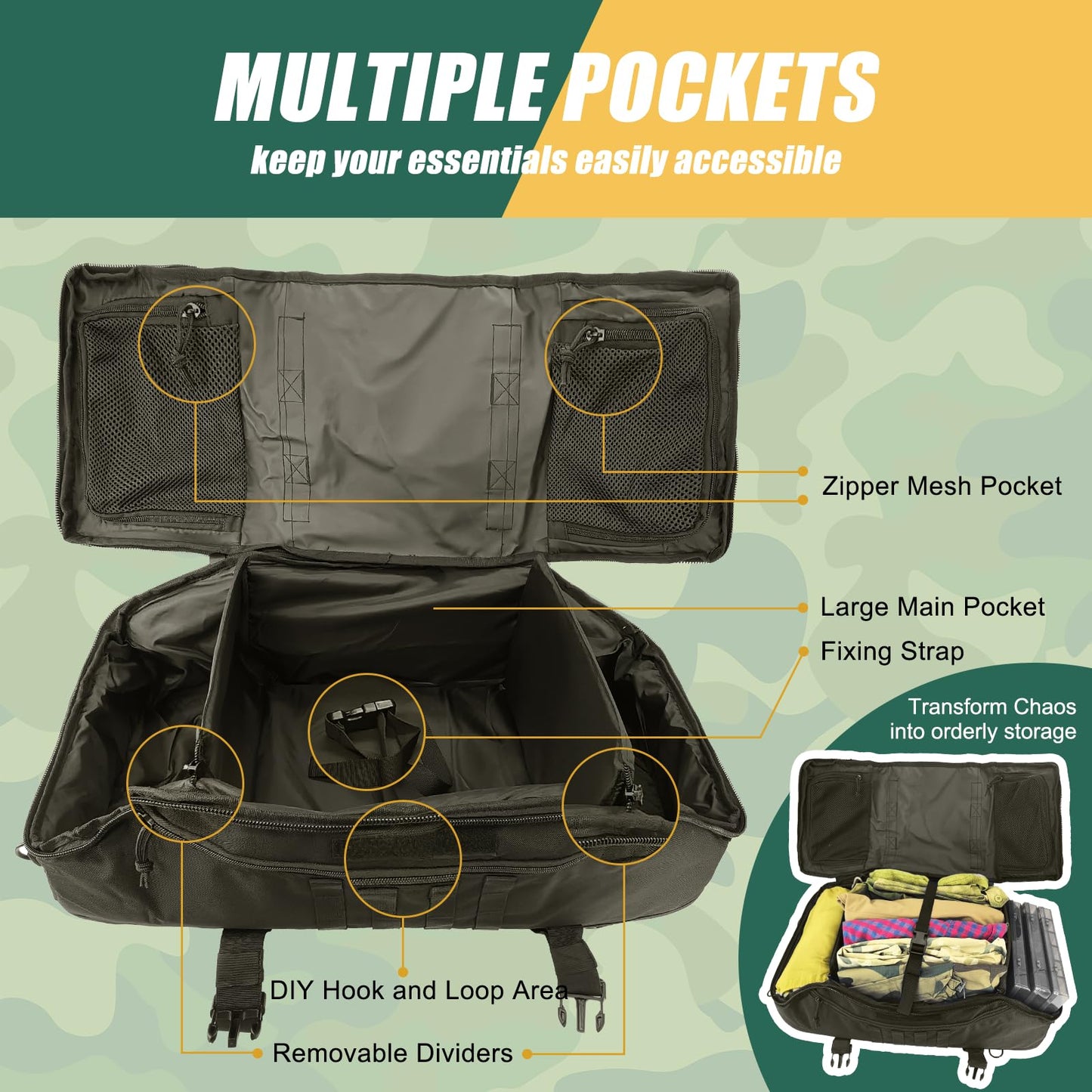 EASY BW 65L Large Travel Gym Duffle Bag with Tensile Strength Pom Buckle Military Tactical Backpack, Army Pack for Outdoor Sport with Molle System, Olive Green